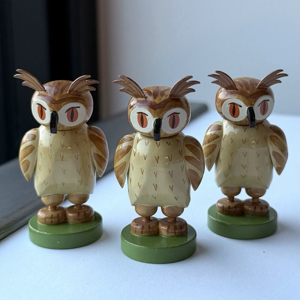 Wendt & Kuhn Medium Carved Wood Owls Figurines Set of 3 - Erzgebirge W.u.K.